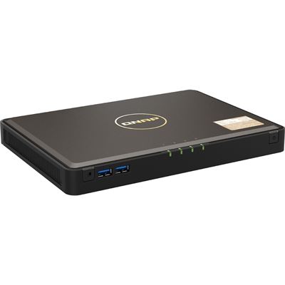 QNAP TBS-464-8G 4-bay M.2 PCIe SSD NASbook, Intel Celeron N5105/N5095 4-core, burst up to 2.9GHz, onboard 8GB DDR4 RAM (not expandable), 4 x M.2 2280 NVMe SSD slots, 2 x 2.5GbE, 2 x HDMI (up to 2.0), USB ports, IR receiver, AES-NI encryption, 4K hard QNAP — view 2