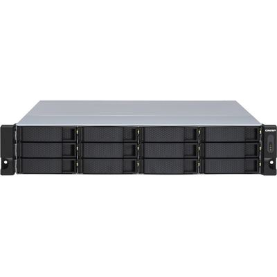 QNAP TL-R1200S-RP 12-bay 2U rackmount SATA JBOD expansion unit, redundant PSU, with a QXP-1600eS PCIe SATA host card and 3 SFF-8088 to SFF-8644 SAS/SATA 6Gb/s external cables. QNAP — view 2
