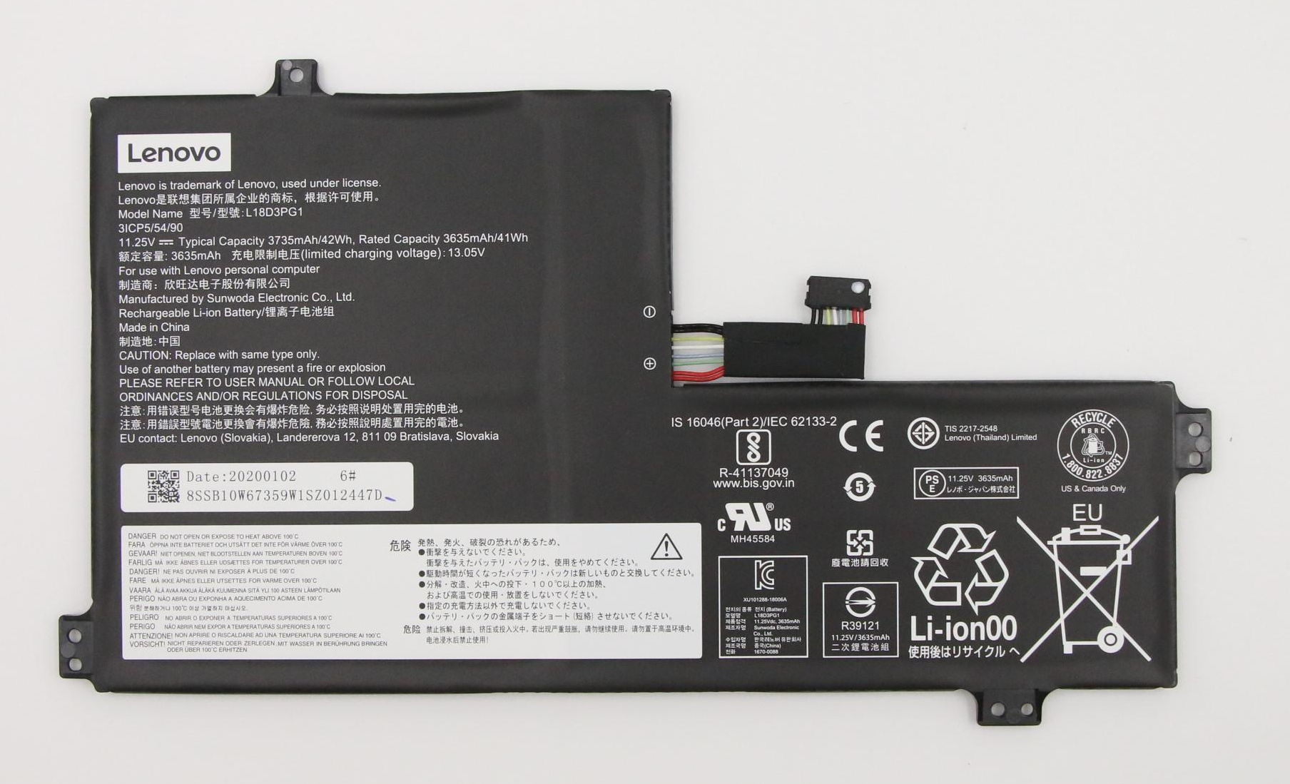 Lenovo 3 Cell Battery, 42Wh, 11.25V, Li-ion, L17M3PB0 thumbnail 1