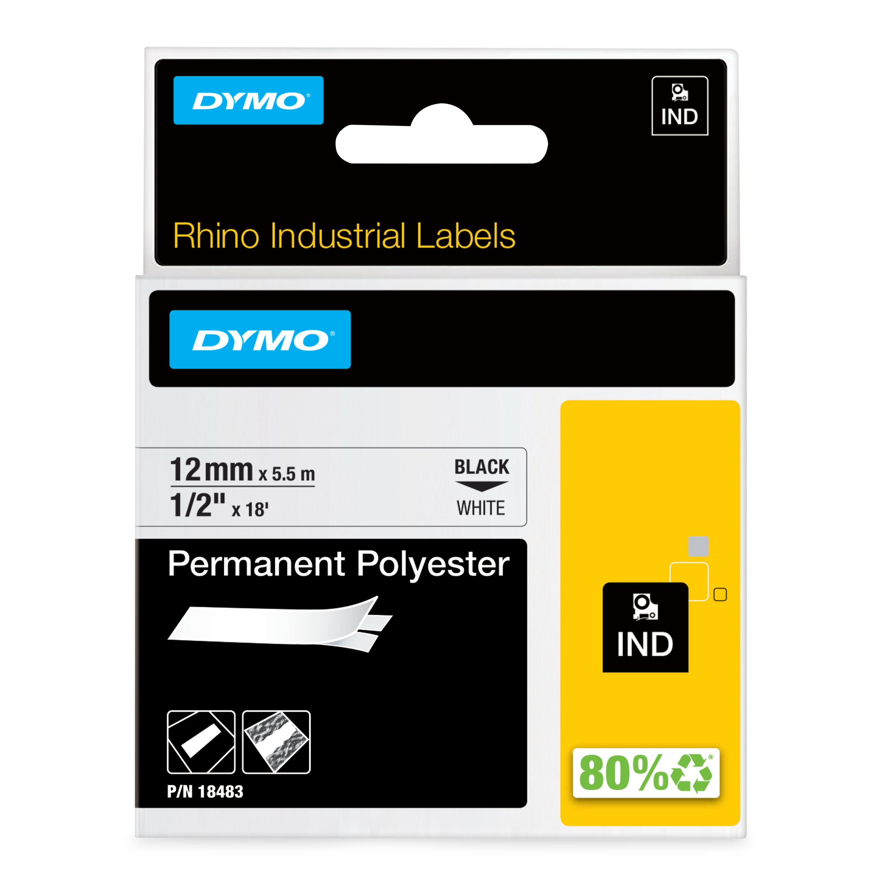 DYMO Genuine Rhino Industrial Labels-Permanent 12mm Black on White.labeling panels (18483) thumbnail 2