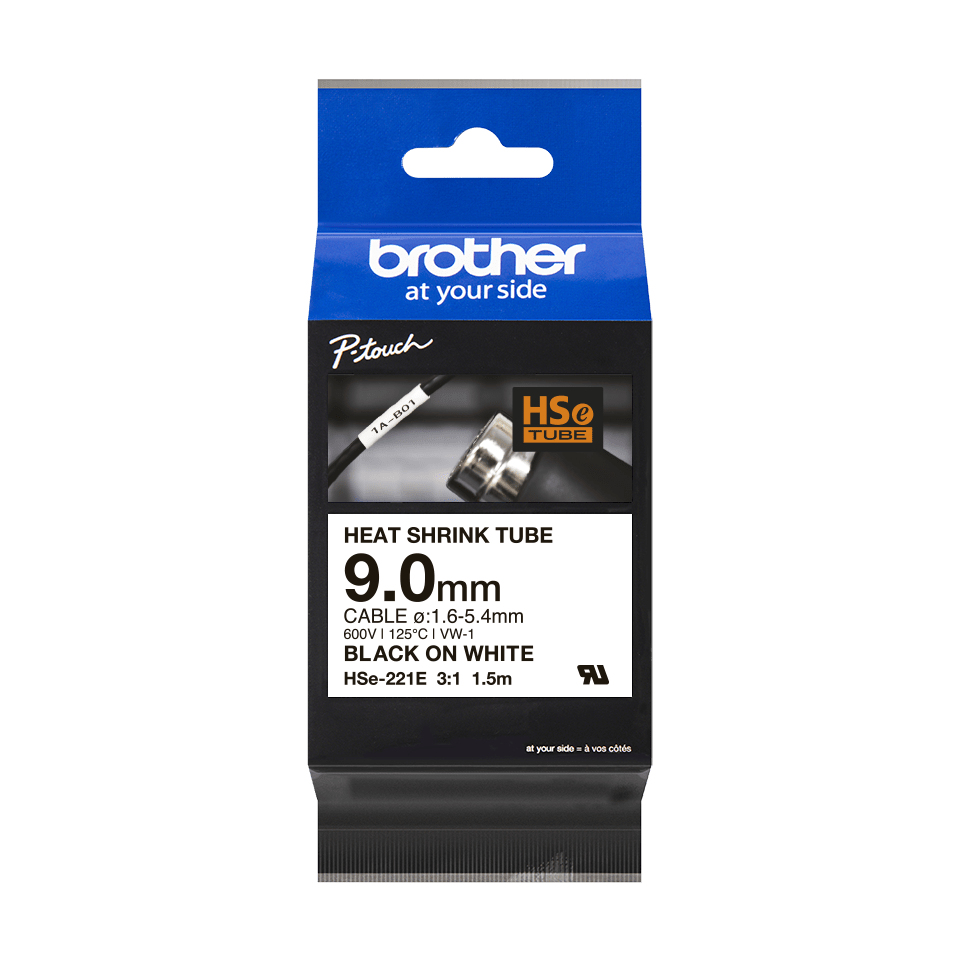 Brother HSe-221E 9.0mm x 1.5m Black on White Heat Shrink Tape Brother — view 2