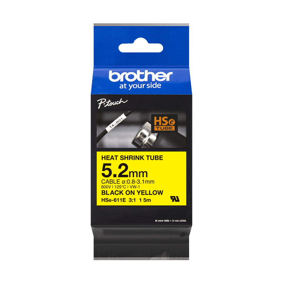 Brother HSE611E 5.2mm x 1.5m Black on Yellow Heat Shrink Tape Brother — view 2
