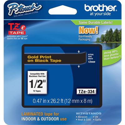 Brother TZe-334 12mm x 8m Gold on Black Tape Brother — view 2