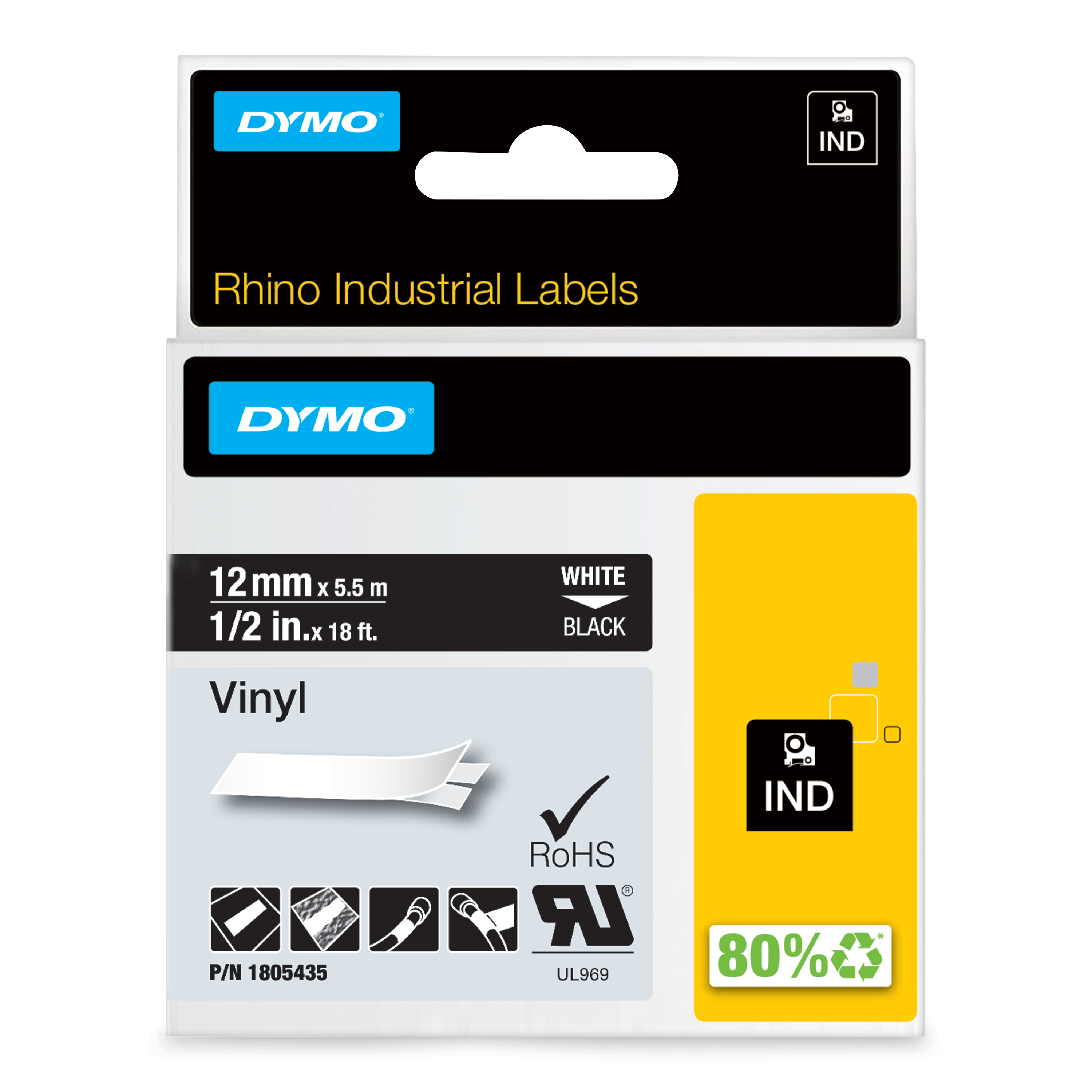Dymo Rhino Vinyl 12mm Tape Blk thumbnail 2
