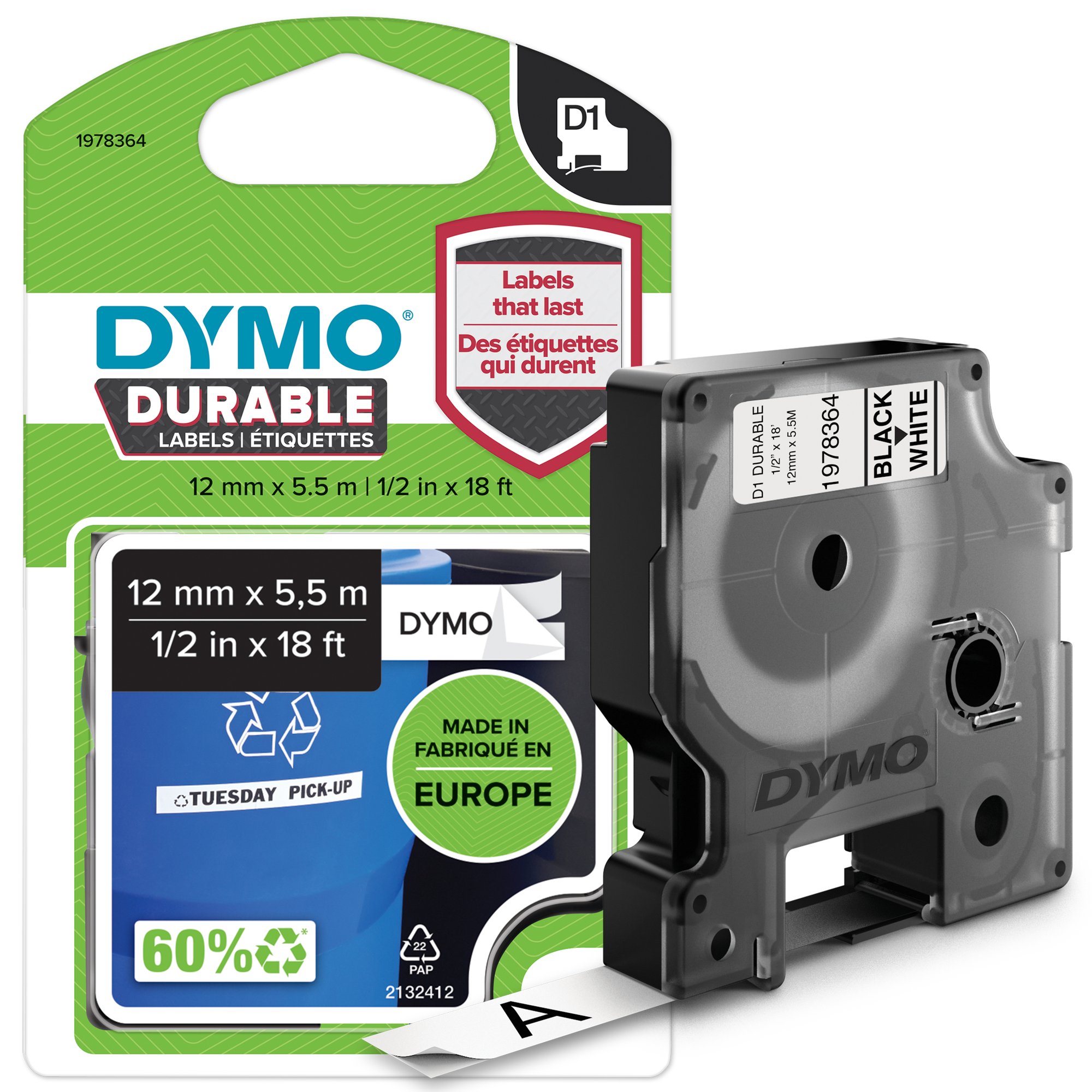 Dymo D1 Blk on Wht 12mm x 5.5m thumbnail 2