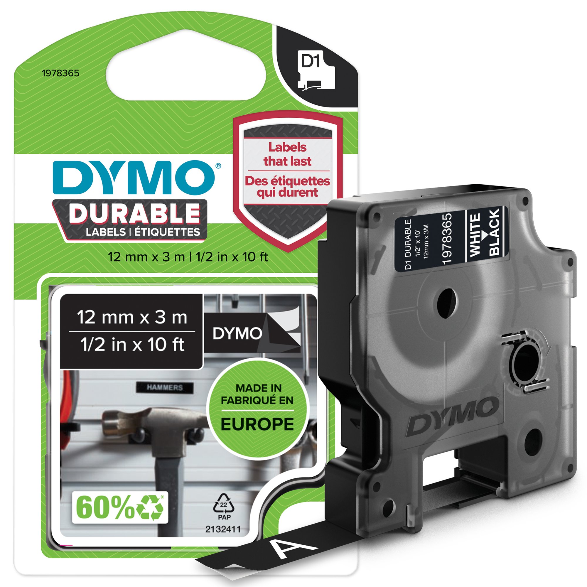 Dymo D1 Wht on Blk 12mm x 3m thumbnail 2