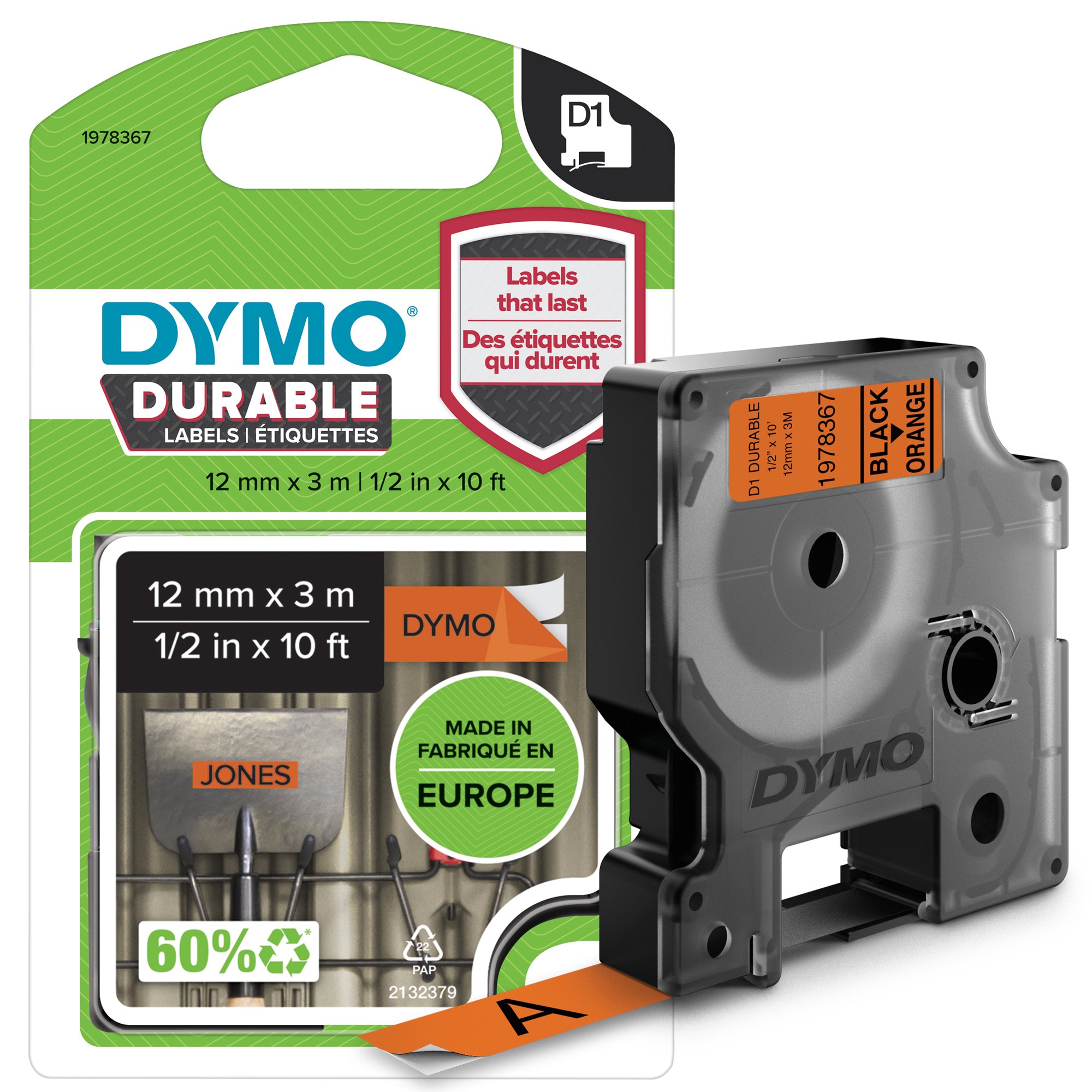 Dymo D1 Blk on Orn 12mm x 3m thumbnail 1