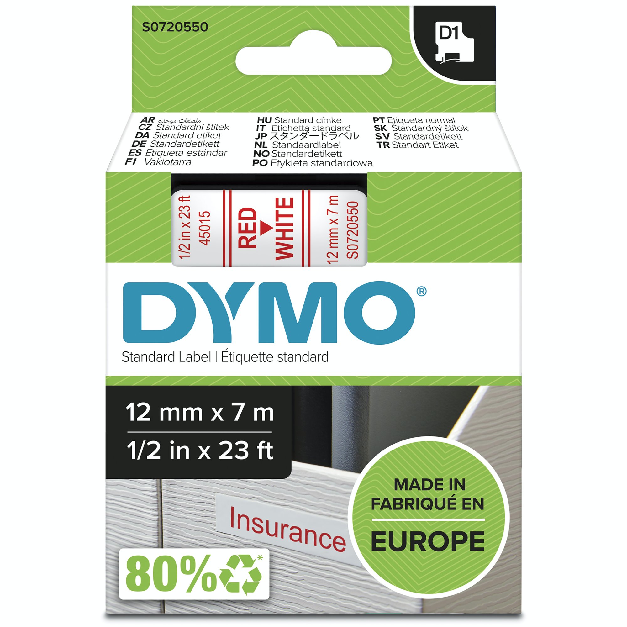 Dymo Red on Wht 12mmx7m Tape thumbnail 2